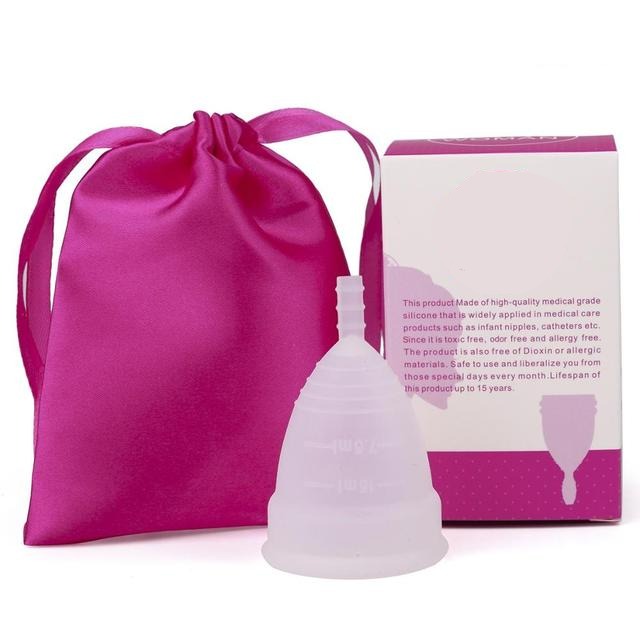 Menstrual cup packaged in a pink carry pouch for hygiene and convenience