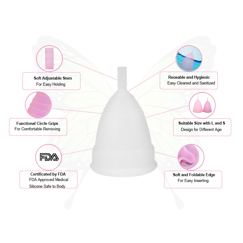 Close-up view of a menstrual cup with usage instructions visible in the background